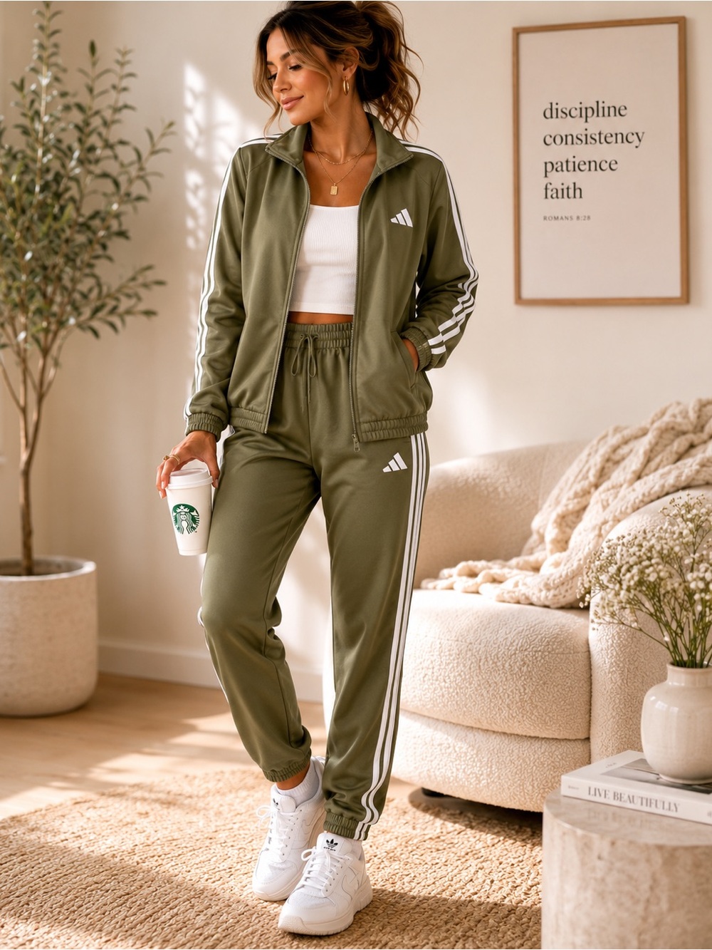 Adidas Olive Green 3-Stripe Track Suit Set Women’s 2XL Full Zip Jacket Jogger